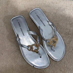 Athena Alexander Silver Leather Jeweled Thong Sandals Size 8 Genuine Leather Sol